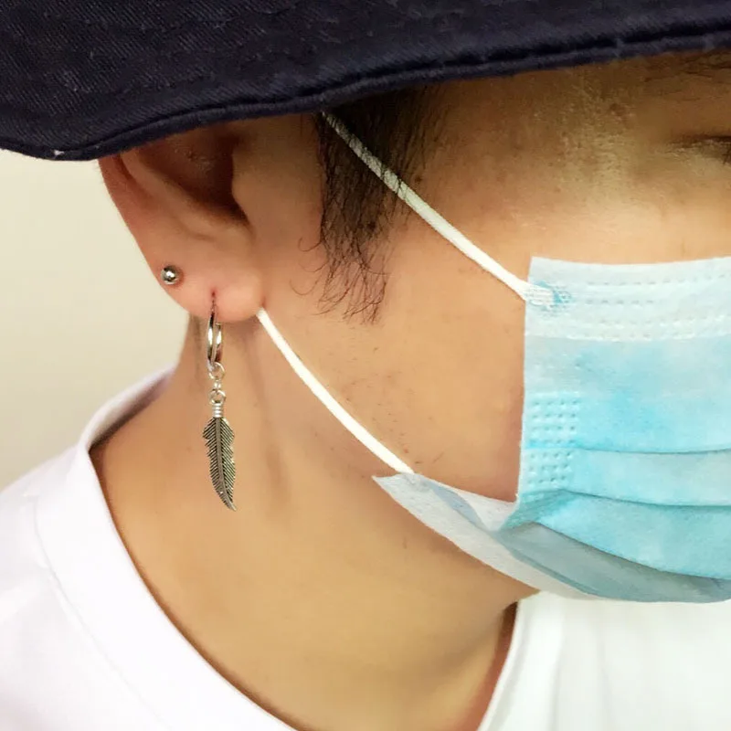 

Fashion Men Punk Earrings Feather Tassel Long Chain Pendant Stainless Steel Stud Earring Unisex Trend Rock Hipster Ear Clip Gift