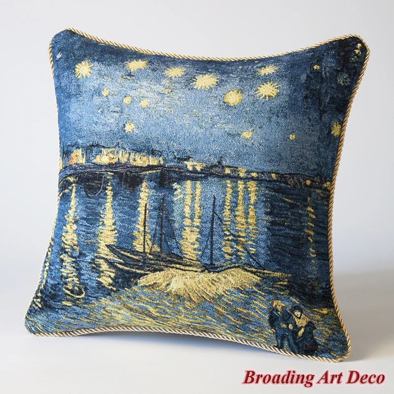 

Van Gogh Tapestry Pillow Cushion Cover - Starry Night Over the Rhone, Jacquard Weave Cotton 100% Double Sided Size 45x45cm