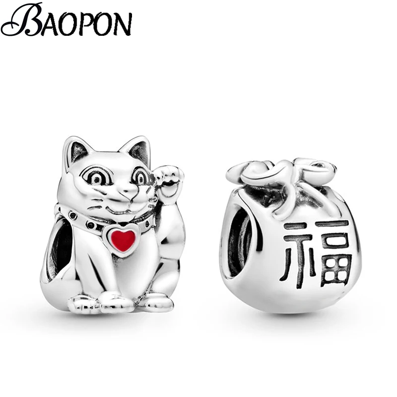 2 шт./лот, подлинные серебряные бусины с надписью Lucky Cat& Lucky Bag, подходят к оригинальному браслету Pandora, ожерелье, сделай сам, бисер для изготовления ювелирных изделий