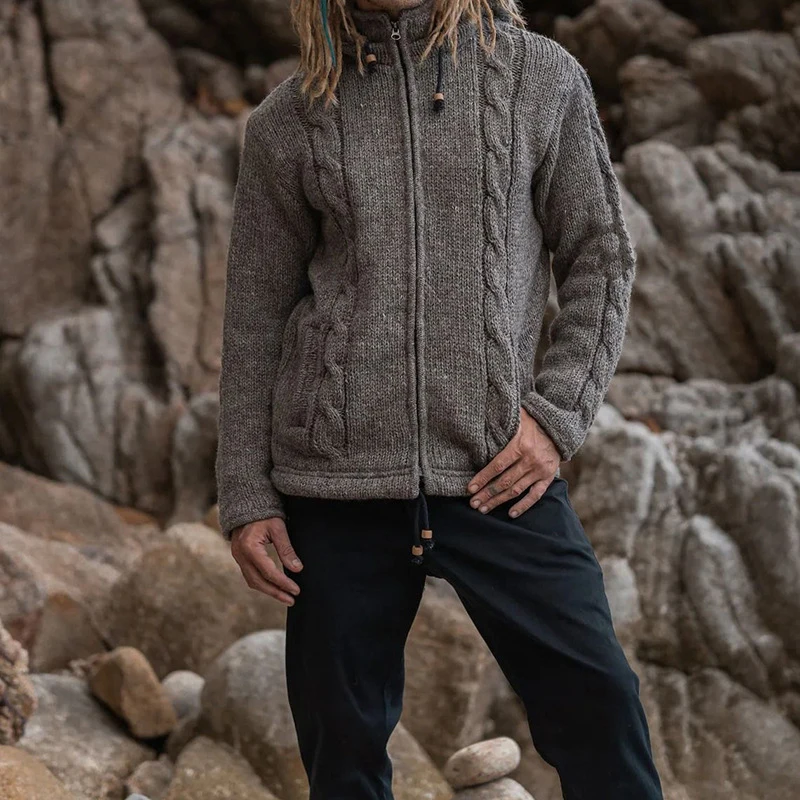 

Fashion Solid Coat Jackets Mens Vintage Zipper Knitted Cardigan Hoodies Men Autumn Winter Warm Casual Hooded Sweaters Streetwear