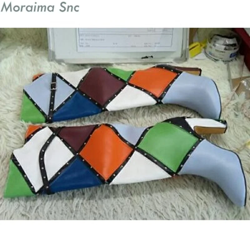 

Women Boots Buckle Rivet Mixed Color Newest Autumn Winter Thick High Heel Boots Knee High Women's High Quality Leather Boots