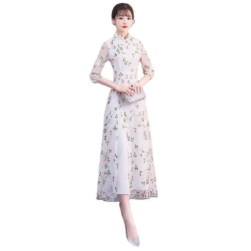 

Female Exquisite Flower Embroidery A-Line Dresses Elegant Chinese Formal Party Dress Temperament Banquet Gown Novelty Qipao