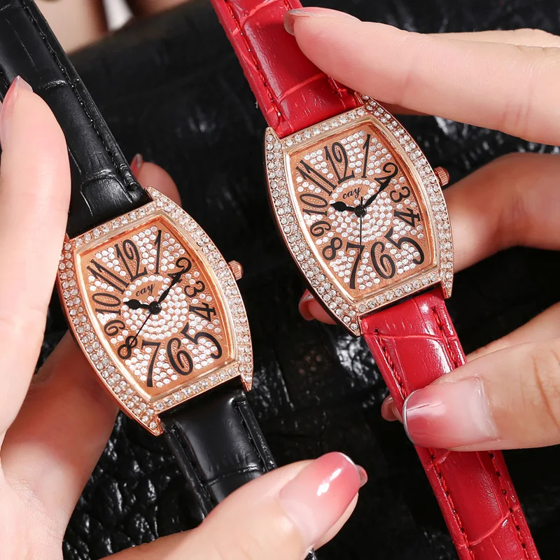

Women's Watch Luxury Fashion Dress Watch Woman 2020 Novel Leather Quartz Rhinestone Tonneau Watch for women gift Montres Femme