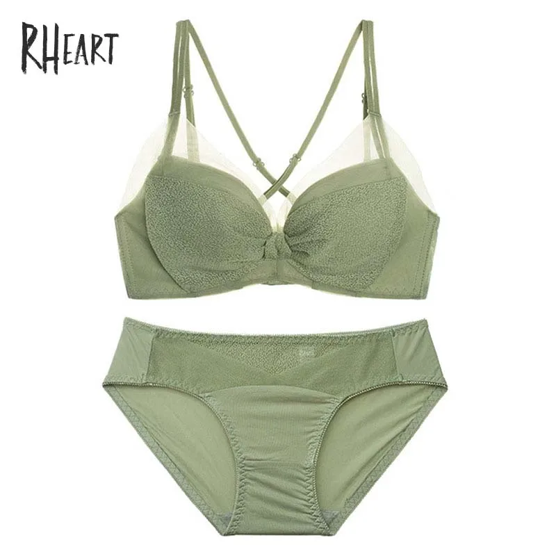 

Roseheart Women Fashion Green Orange Cup Cross Back Lace Bow Cotton Panties Wireless Bra Sets Underwear Sexy Lingerie Sets A B