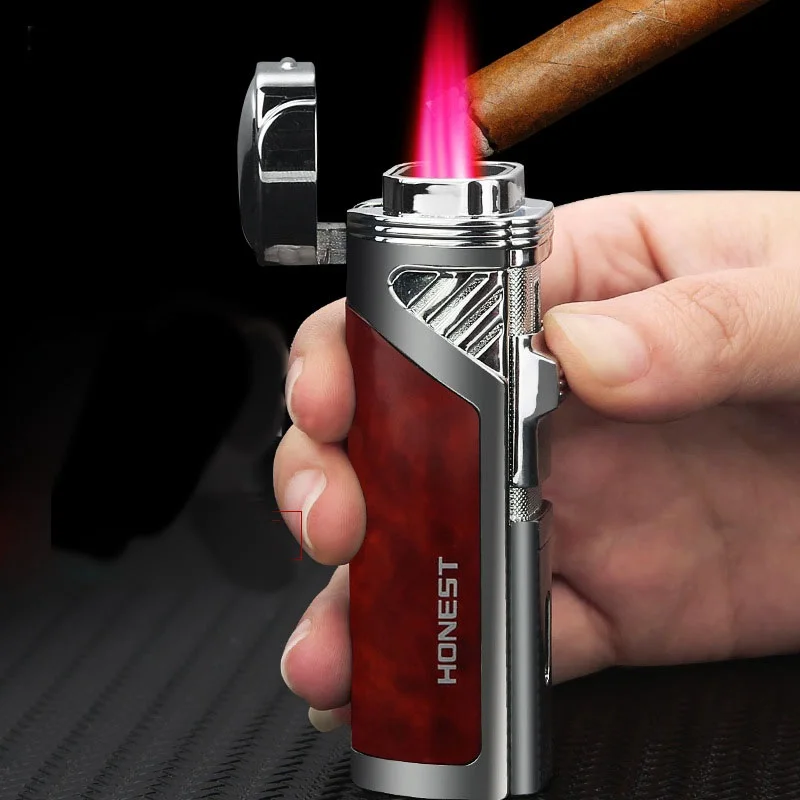 

Металлическая четыре прямых в красное пламя газовая зажигалка с открытой крышкой кнопка Зажигания курительные аксессуары Подарки