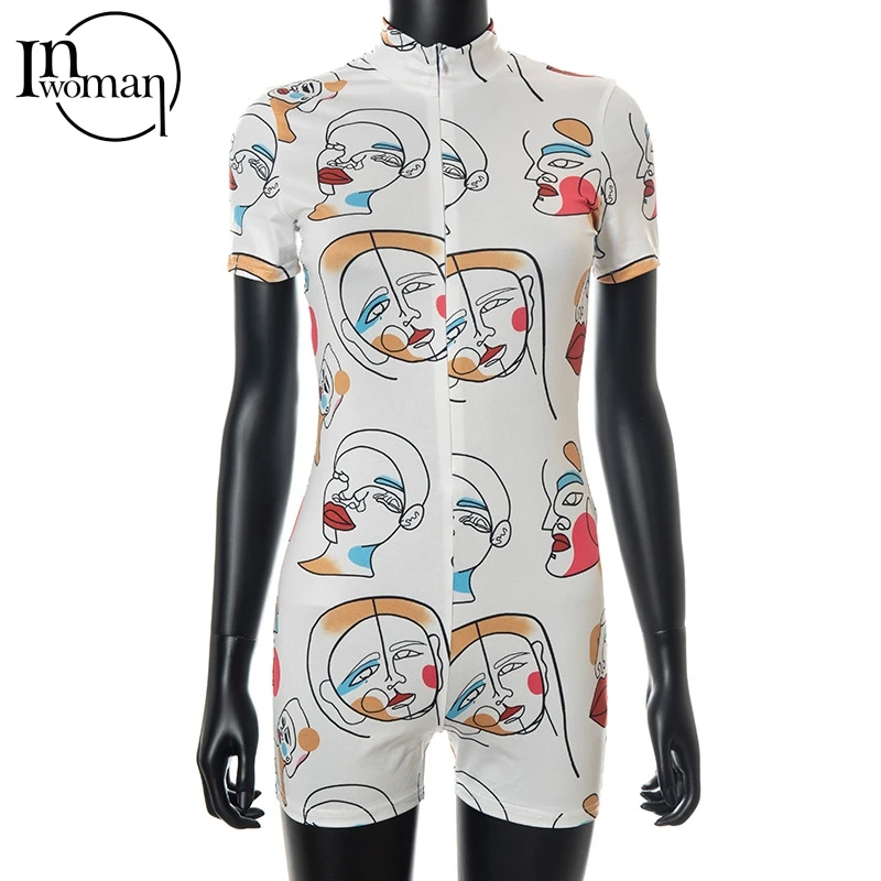 

Inwoman Sexy Summer Turtleneck Graphic Print Wrap Jumpsuit Bodysuit Women Club Bodycon Short Sleeves Shorts Jumpsuit Female 2021