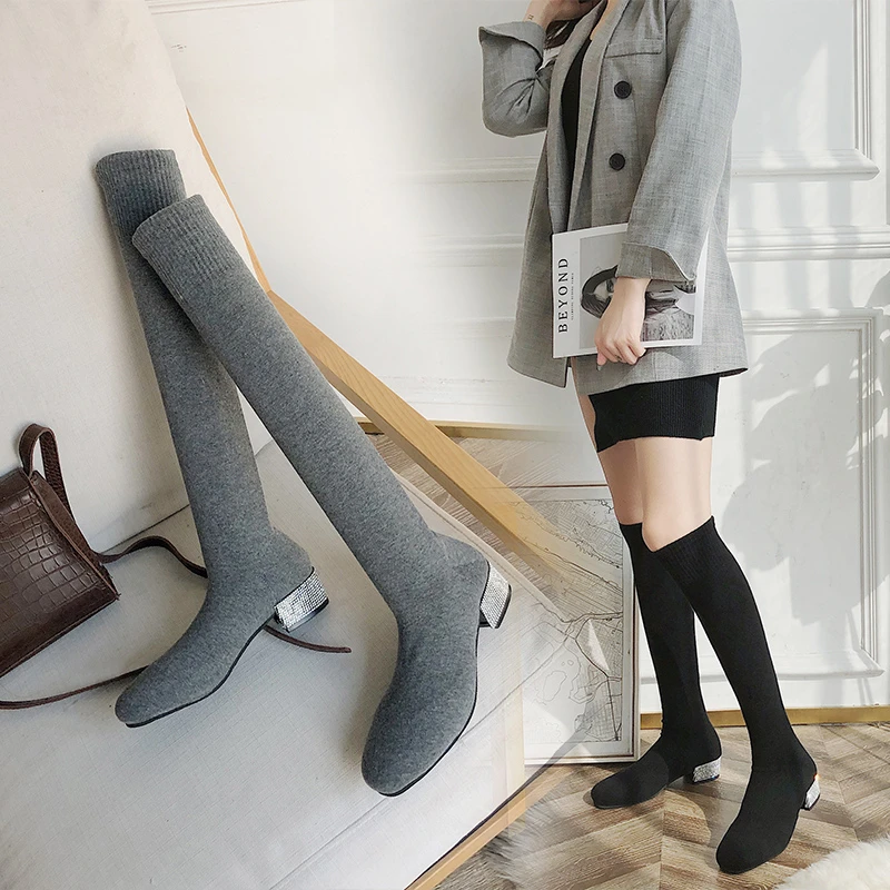 

2022 New Sock Over The Knee Boots Autumn Knit Overknee Long Boot Woman Casual Slip-On Soft Tube Low Heel Fashion Shoes Female