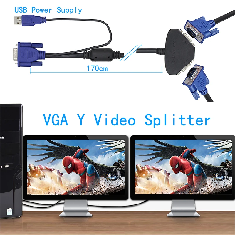 Разветвитель VGA Y-образный кабель 15-контактный разъем D-Sub (штекер) на два разъема
