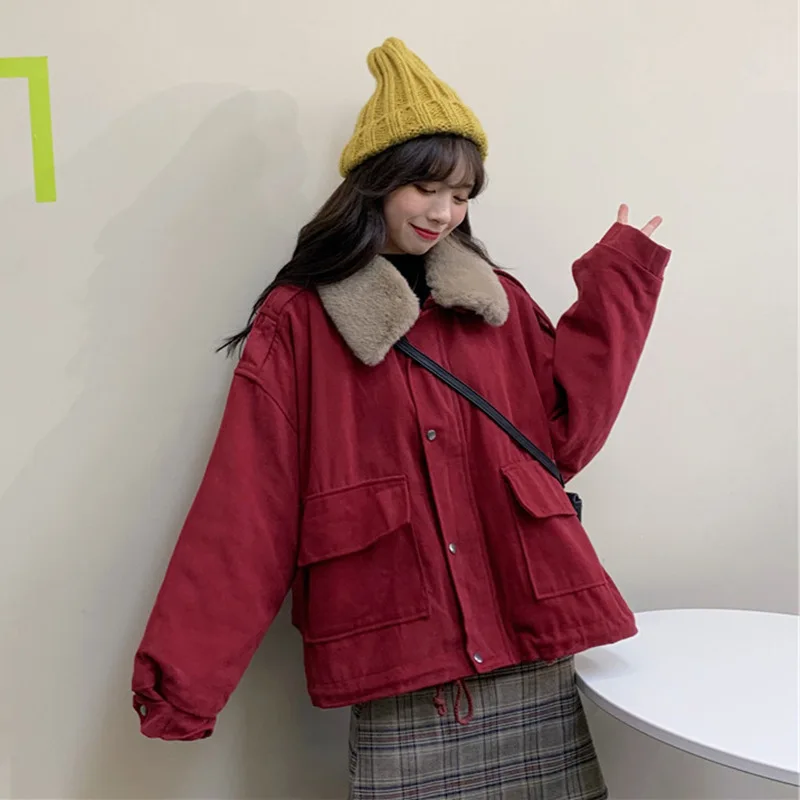 

style new thickened warm big wool collar age reducing loose long sleeve cotton padded coat cotton padded jacket woman