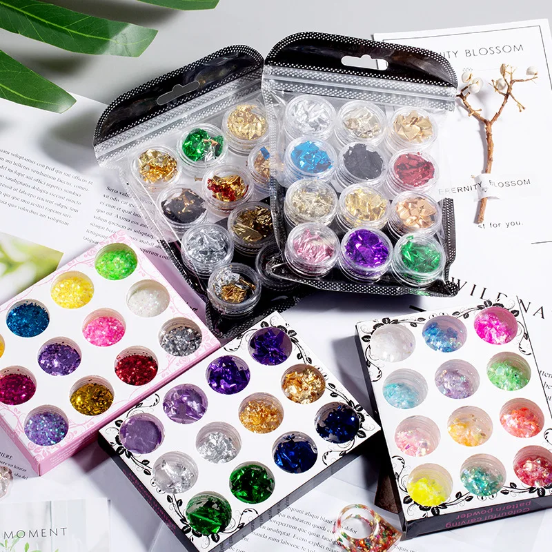 

12 box/set Sequins Manicure Sheet Shell Paper Sparkle Candy Star Hollow Nail Sequin For DIY UV Epoxy Resin Mold Filling Nail Art