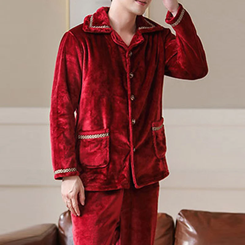 Autumn Winter Thick Warm Flannel Pajama Sets For Men Long Sleeve Coral Velvet Sleepwear Suit Loungewear Homewear Home Clothes