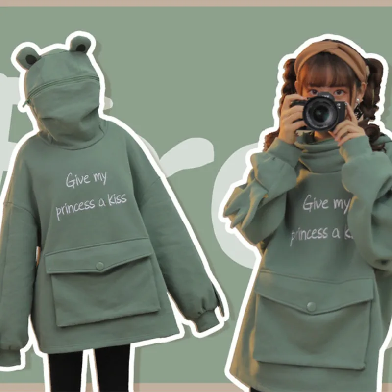 

Frog Hoodie Women Autumn Thick Loose Sweatshirt Harajuku Letter Printed Lovely Casual Hooded Hoodie Pullover Thicken Coat
