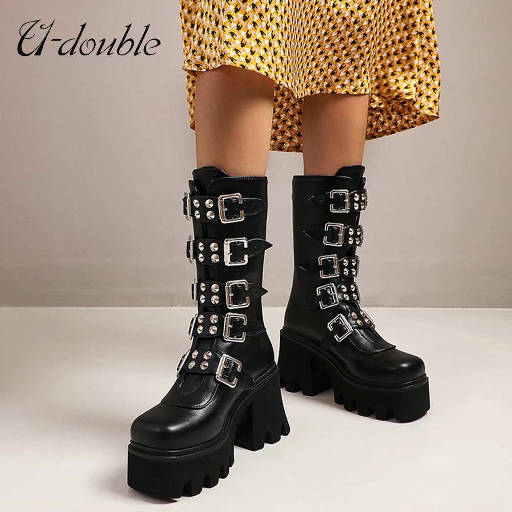 

U-DOUBLE 2022 New Punk Women Boots Big Size 43 Gothic Style Platform Black Buckle Strap Zipper Ankle Boots Fashion Wedges Shoes