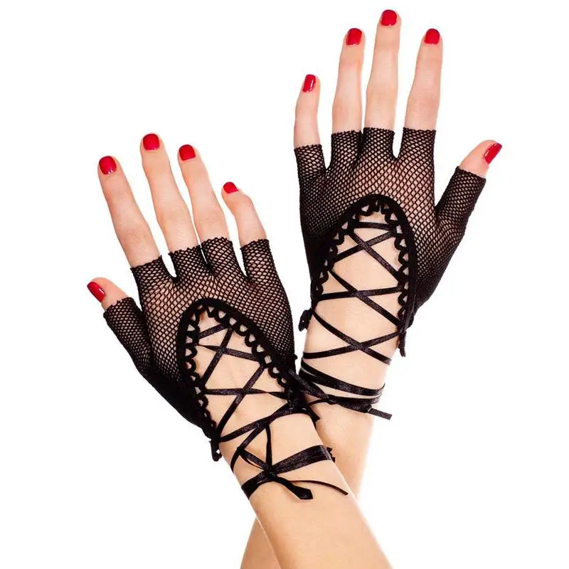 

Fishnet Mesh Lace Wrist Band Fingerless Glove Sexy Half-finger Trendy Women Hollow Out Fingers Cross Bundle Black Bandage Gloves