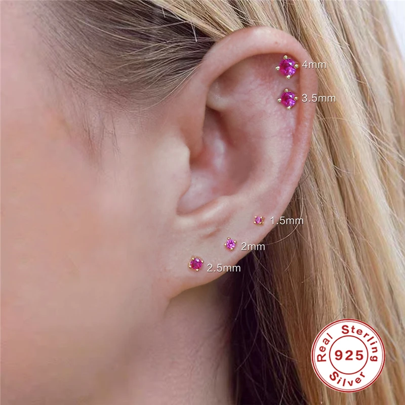 

CANNER 1.5mm to 4mm 925 Silver Ear Bone Piercing 2021 Fashion Wedding Jewelry Gift For Lover Rose Red Charms Stud Earring Set