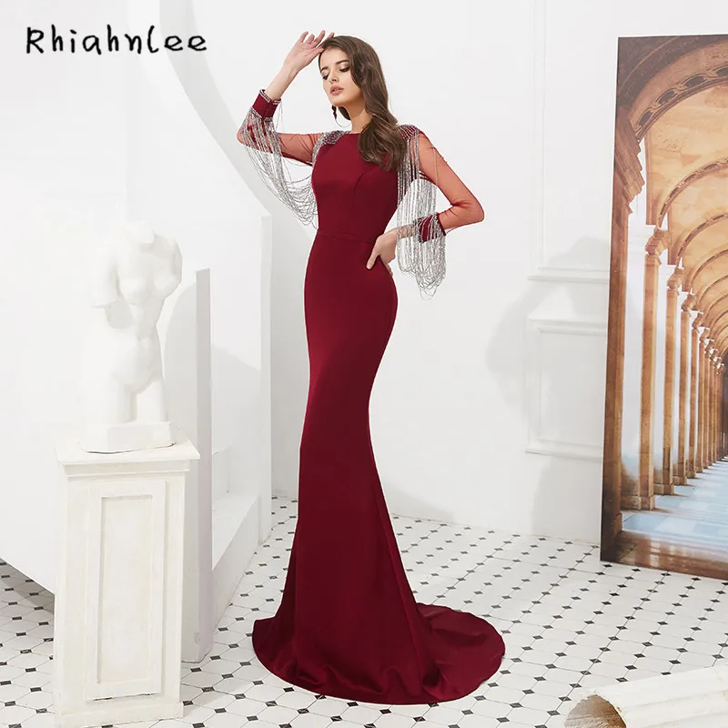Rhiahnlee бордовые вечерние платья с длинным рукавом Дубай robe de soiree Sweep Train Русалка