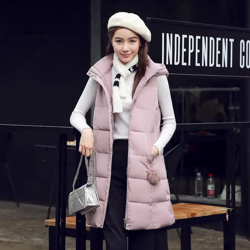 

Новинка, осенне-зимний хлопковый жилет, Женский пуховой жилет средней длины с капюшоном, модная женская однотонная Повседневная Свободная ...