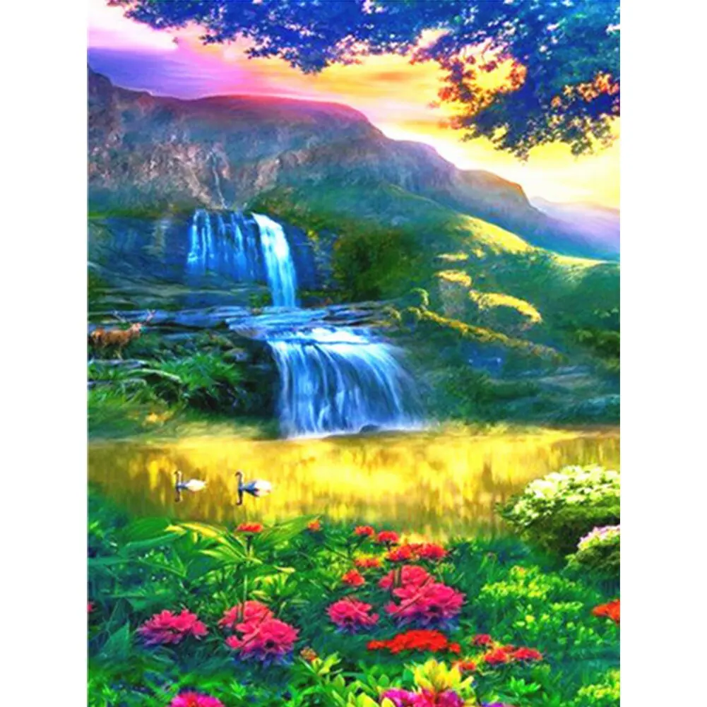 

5D DIY Diamond Painting Kit Embroidery Waterfall Mountain Forest Lake Sunset Scenery Mosaic Home Decor Wall Art Poster picture