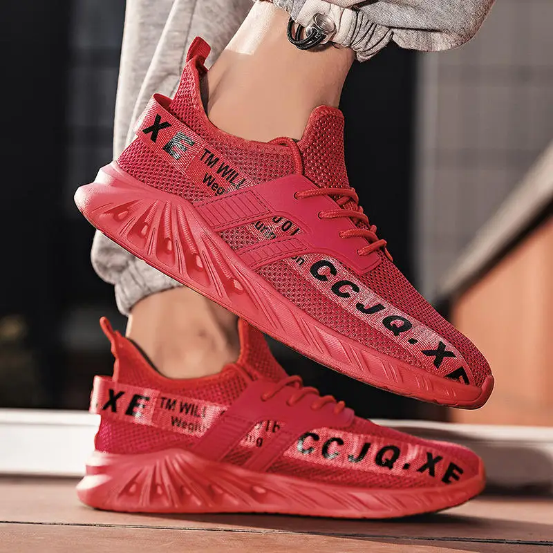 Fashion Red Men's Blade Sneakers Mesh Breathable Running Shoes for Men Lace-up Non-slip Trainers Men Sports Shoes basket homme