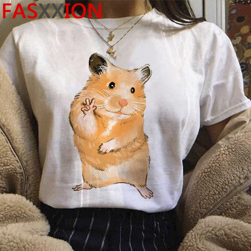 Kawaii хомяк с забавным мультипликационным принтом Футболка женская летняя обувь