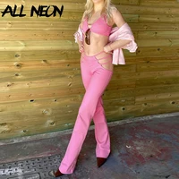 allneon streetwear pink hollow out co ord sets 2000s vintage deep v crop tops and high waist long pants 2 piece sets sexy