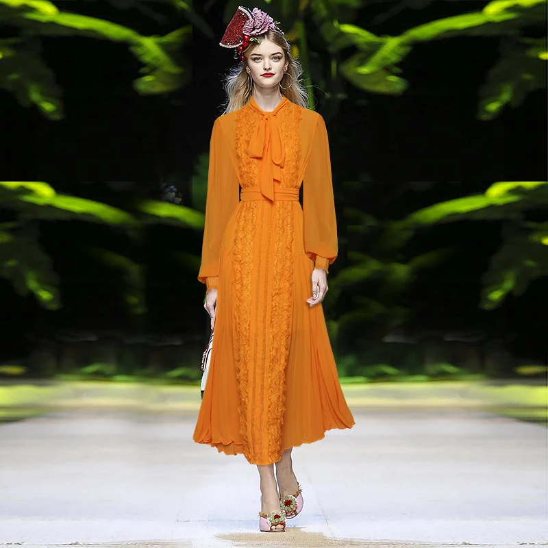 Растворимое кружевное плиссированное платье фонарик с длинным рукавом тонкое и