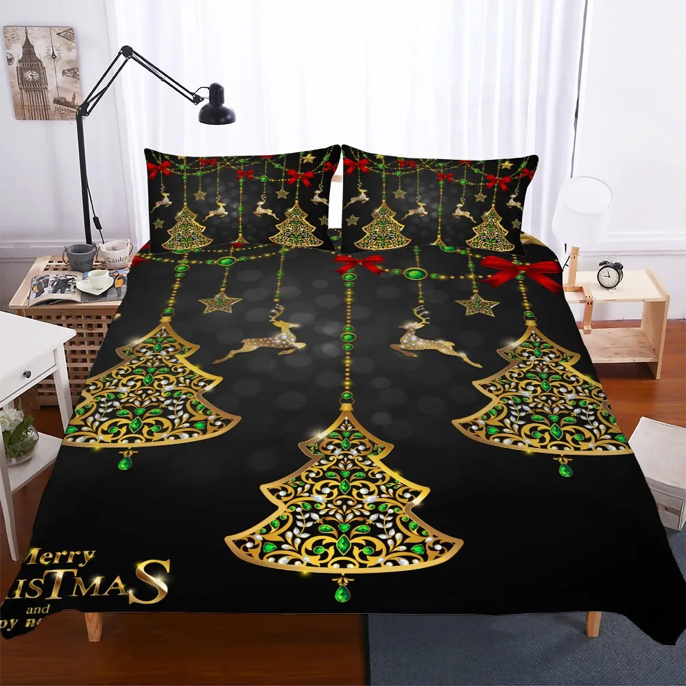 Merry Christmas Microfiber Duvet Cover Pillowcase Gold Reindeer Jingle Bells Black Bedding Set Dorm Room Decor Comforter Shell | Дом и сад