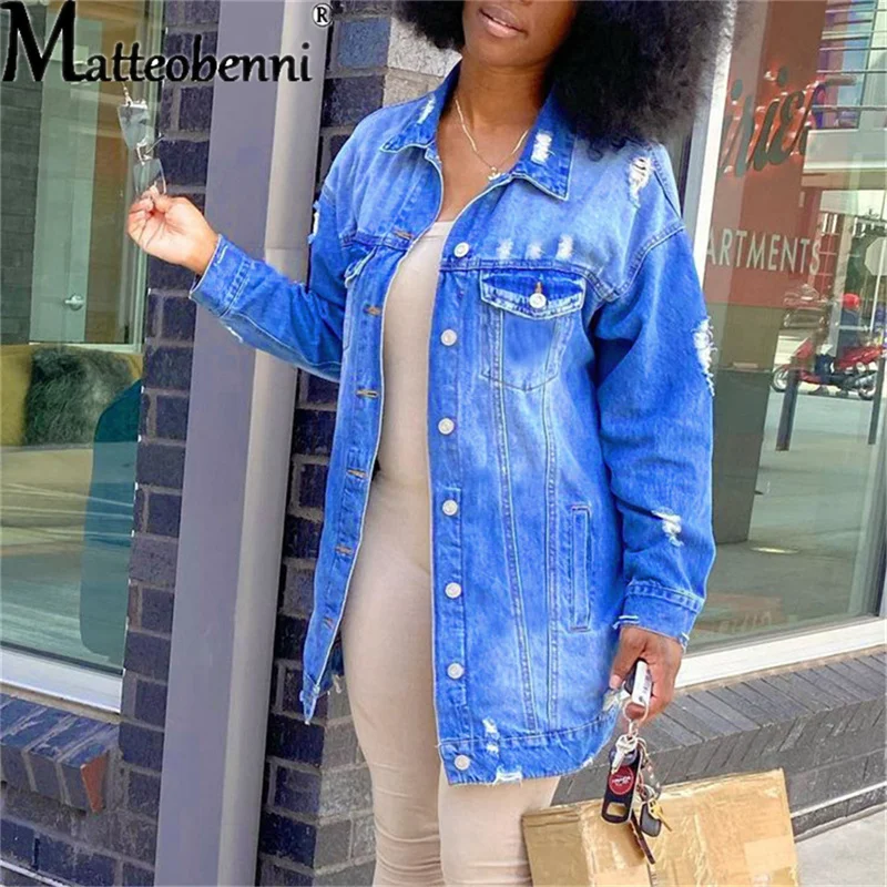 Женская джинсовая куртка с дырками свободная бойфренда из денима длинным