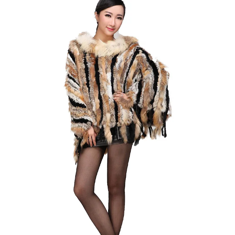 Новинка 2020 настоящая Вязаная Шаль из кроличьего меха пончо палантин с кисточками