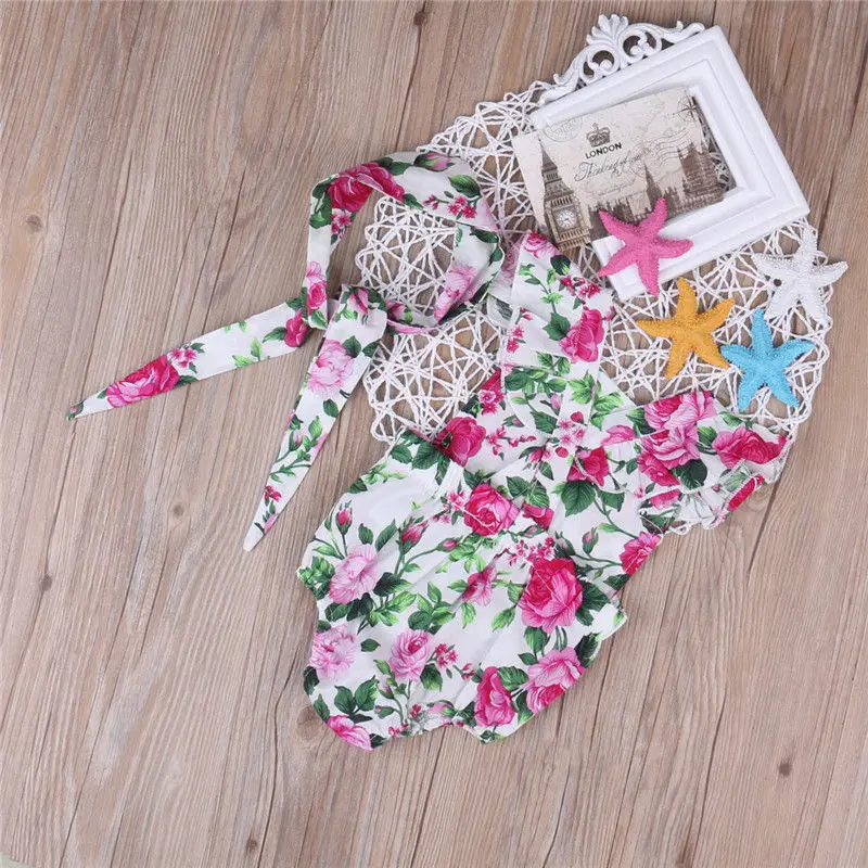 

Newborn Baby Girls 0-24M Swim Clothes Floral print short sleeve round neck Bodysuit Bowknot Headband 2pc cotton summer set