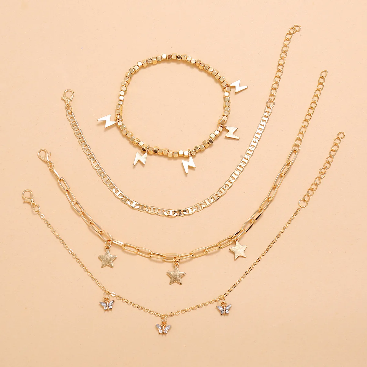 

4PCS Butterfly Multi-Layer Pendant Anklet Set Geometry Star Lightning Alloy Rhinestone Foot Chain Fashion Jewelry Combination