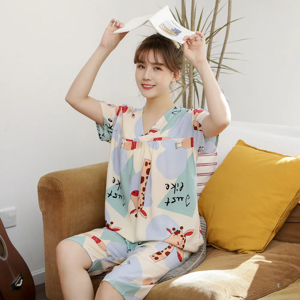 

2020 new short-sleeved Knee Length pajamas for women loungewear set women cotton sleepwear Rayon pajamas for teen girls Rayon