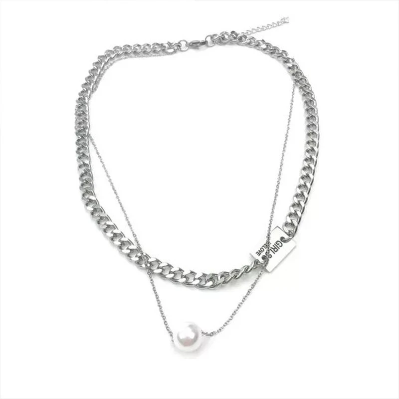 

POTCET Women's Stainless Steel Double Layer Pearl Titanium Steel Necklace Pendant Clavicle Chain Fashion Hip Hop Party Jewelry