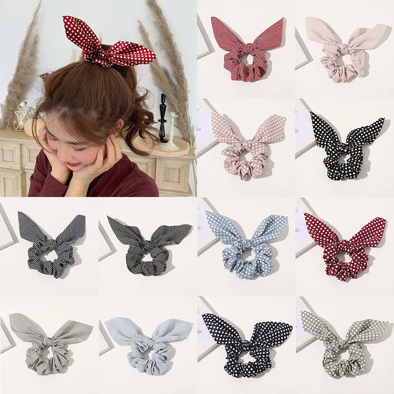 

Retro Striped Dot Print Hair Scrunchies Elastic Hair Bands Girls Ponytail Holder Bunny Ears Rubber Bands Hair Ties accessories