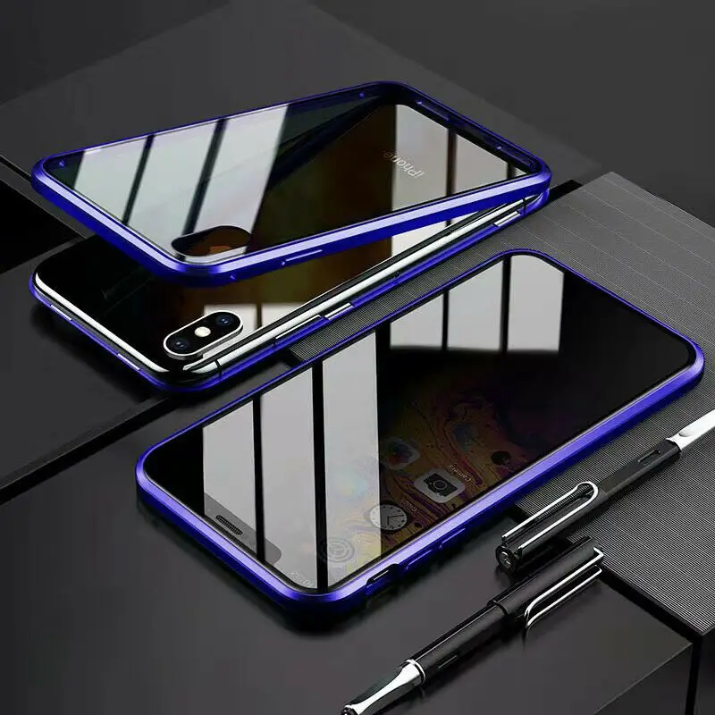 Магнитный анти-Открытый Анти-шпионский стеклянный чехол для телефона iPhone 6 7 8 X XS XR XSMAX стеклянный чехол для телефона - Цвет: Синий