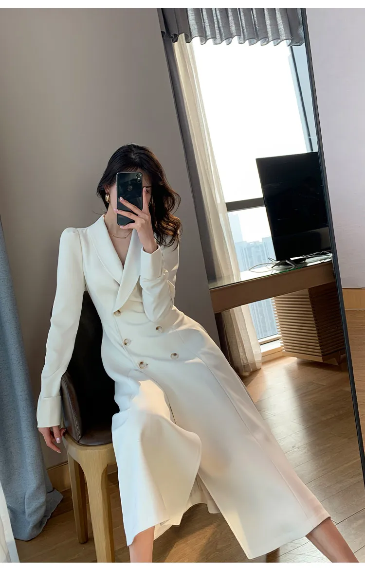 

Spring Autumn 2021 Korean Chic Women Simple Notched Collar Office Blazer white Dress Slim Waist Double Breasted Mid-calf Ladies