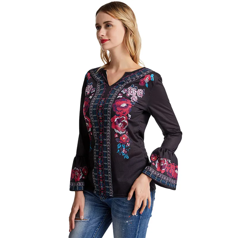 Женская этническая футболка с пышными рукавами Повседневная цветочным принтом