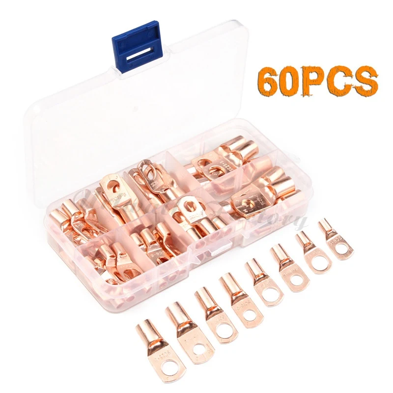 60Pcs 60 шт. с отверстием для болта, из луженой меди кабельные наконечники батареи клеммы набор Электрический провод кабель голой гофрированные/припаянные разъемы SC6-25 комплект - Цвет: 60Pcs