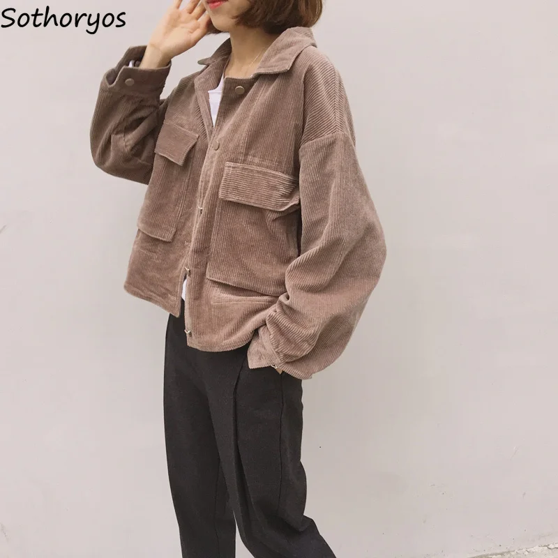 

Jackets Women Solid Simple Retro Corduroy Loose All-match Students Stylish Big Pockets Soft Korean Style Vintage New Outwear
