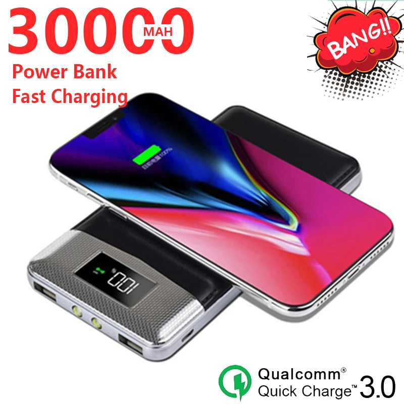 

Wireless 30000mAh PowerBank Charger Fast Charging with 2USB Portable Digital Display Outdoor Emergency for Iphone Samsung Xiaomi