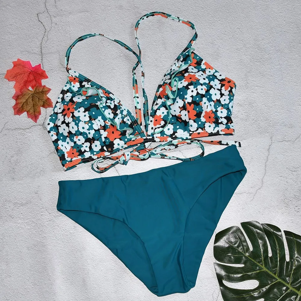 

2020 Push Up Sexy Bikini Set Swimwear Women Separate Swimsuit Female Cross Bandage Bathing Suit Vintage Print Bikinis Beach Swim
