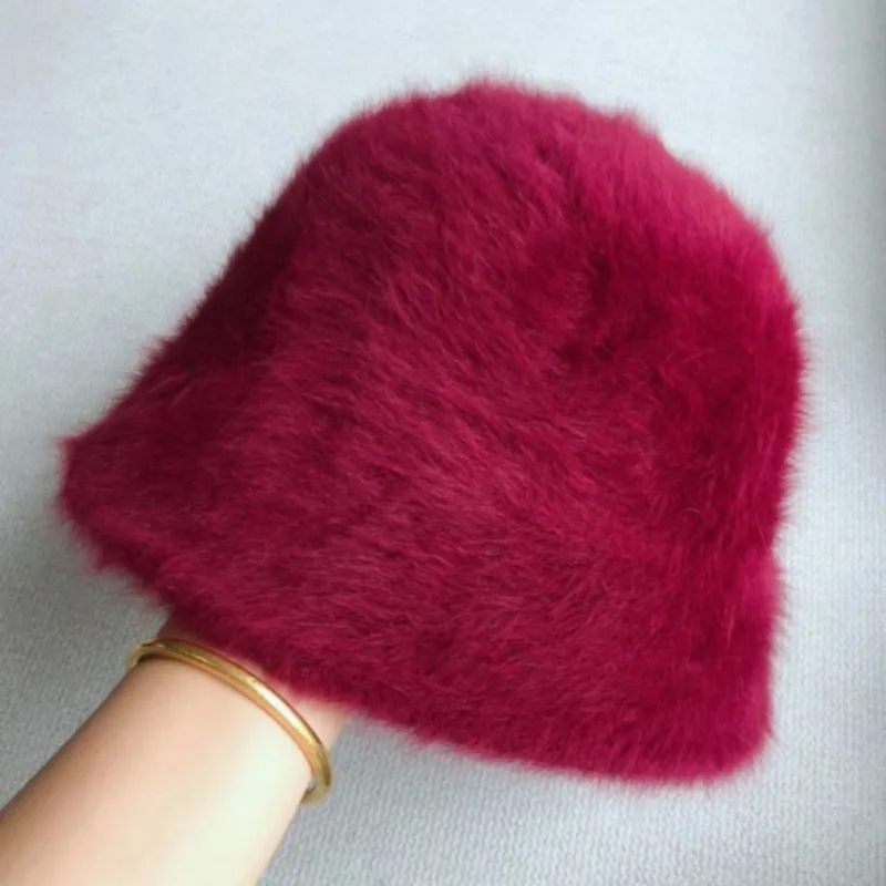 Solid Color Rabbit Fur Hat Bucket Cap Women's Autumn And Winter Fisherman's Hat Retro Knitted Wool Basin Hat Bucket Korean Hat