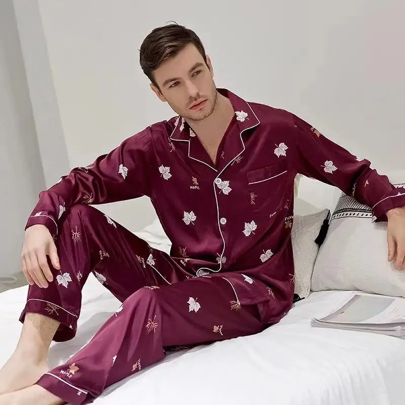 Purple men Женские пижамные комплекты, мягкая Сексуальная Шелковая пижама с принтом, пижама с длинным рукавом, Пижамный костюм из 2 предметов, осенняя домашняя одежда для пар - Цвет: Purple men