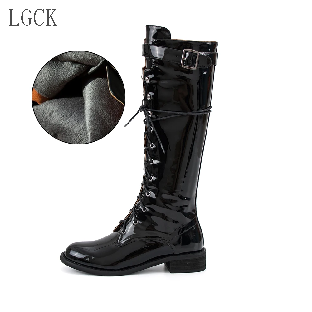 black fur Большие размеры 34-43; модные зимние сапоги до колена на молнии с пряжкой и шнуровкой; женские модные высокие сапоги в стиле панк из лакированной кожи для верховой езды - Цвет: black fur