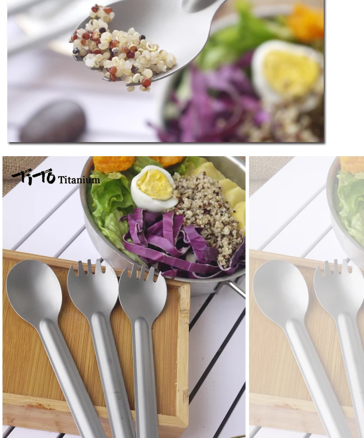TiTo Титановая Ложка с длинной ручкой, посуда, портативные походные столовые приборы, удобные титановые Spork, Экологичная титановая вилка