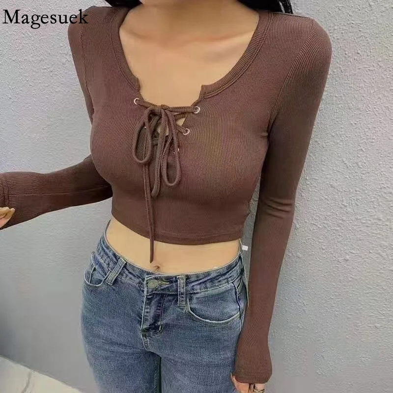 

Fashion O Neck Lace-up Sexy Long Sleeve Crop Top Female Slim Short Solid Knitwear Sweater Women New Cotton Blouse Blusas 16592