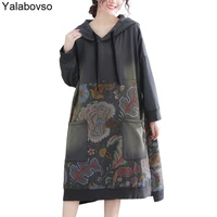 water autumn new thickened womens straight hooded retro printing loose long sleeves warm dress for women with hat pullovers