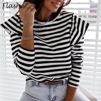 spring fashion womens striped ruffles t shirts tops long sleeved top fall casual party round neck ruffle shoulder stylish tops