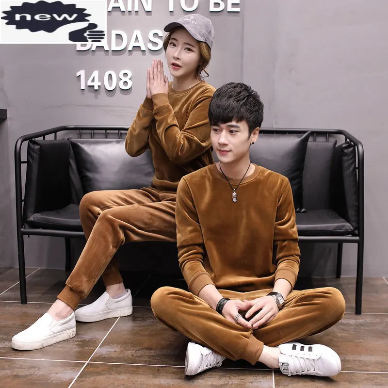 Winter Warm Mens Sport Suits Solid Color Unisex Casual Tracksuit Two Pieces Set O-Neck Long Sleeve Sweatshirt Tops + Pants S-3XL
