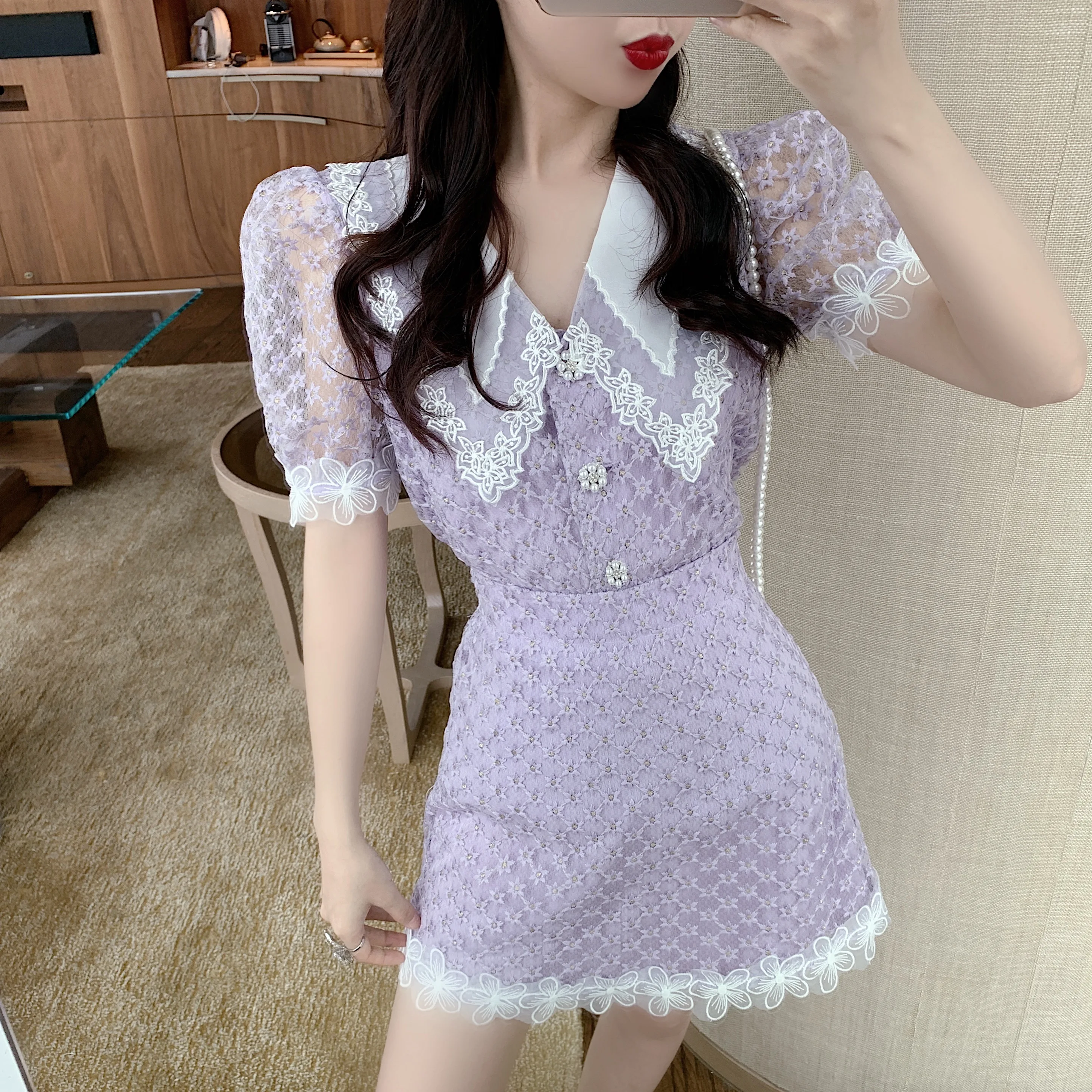 

Summer Fashion Two Piece Set Women Sweet Lace Lapel Puff Sleeve Embroidery Shirt Top + High Waist A-Line Mini Skirt Suit